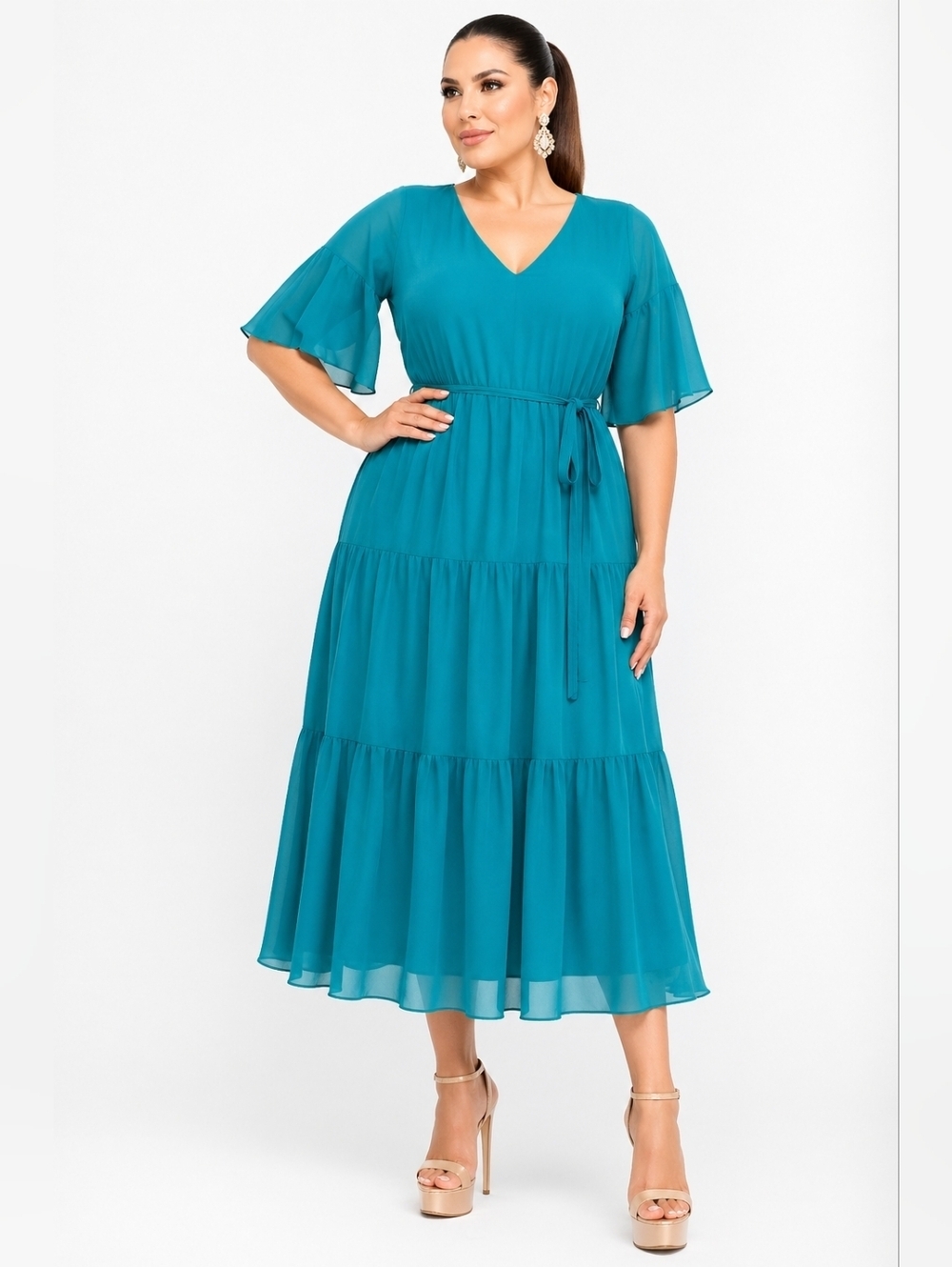 Avenue Teal Tiered Midi Dress Size 16 Plus Size Flowy Belted V-Neck.